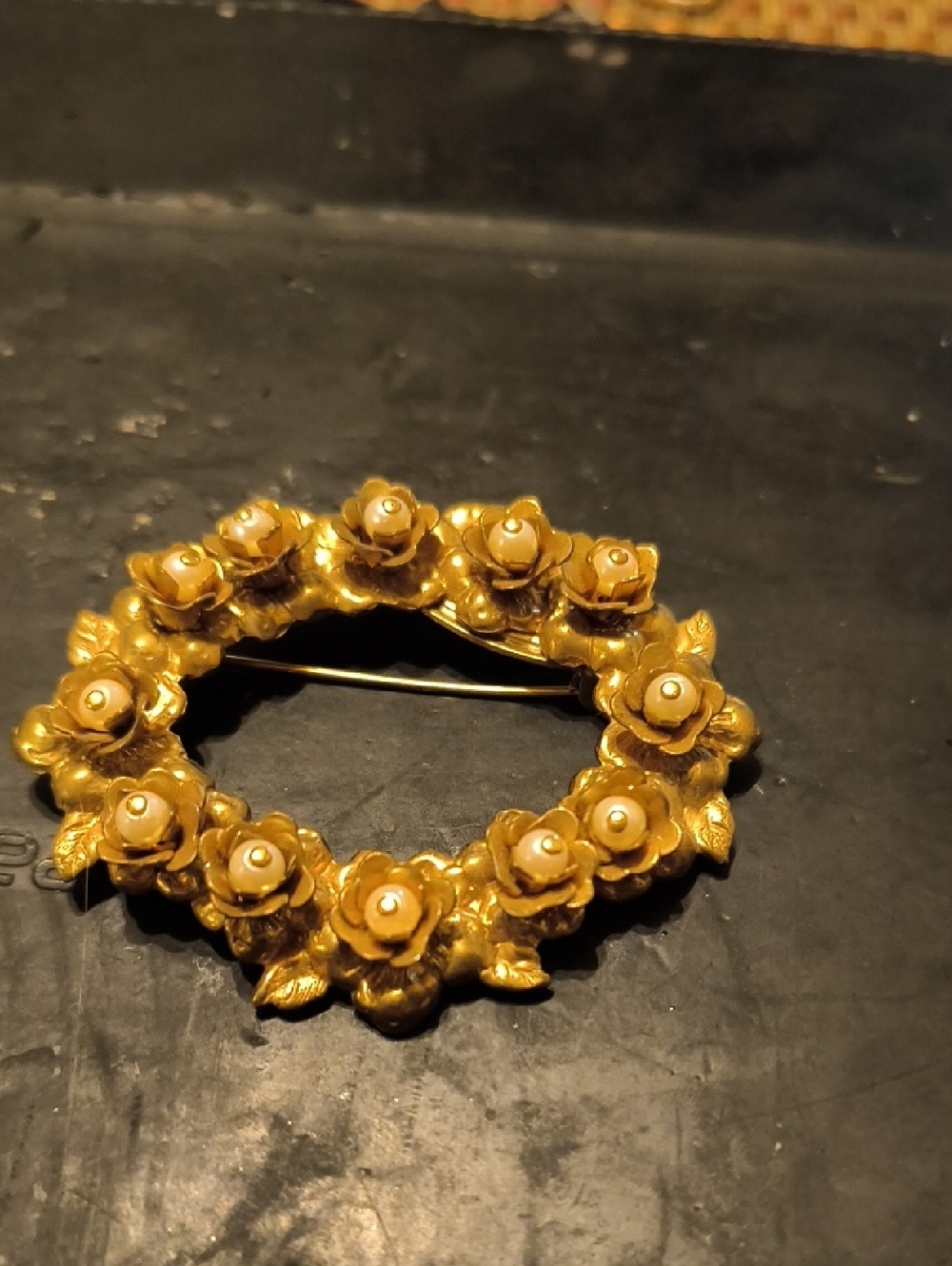 Gold Floral Pearl Accent Wreath Brooch - Women's Jewelry